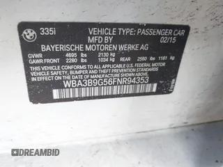 2015 BMW 3 Series 335i xDrive with VIN WBA3B9G56FNR94353, listed as a IAAI auction lot 41759393 with 121,136 mi miles and . Bid and sale history available at carsss.com. Image 9.