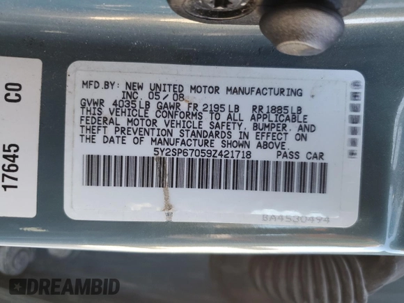 2009 Pontiac Vibe w/1SB with VIN 5Y2SP67059Z421718, listed as a Copart auction lot 79899124 with 190,046 mi miles and Salvage Title. Bid and sale history available at carsss.com. Image 15.