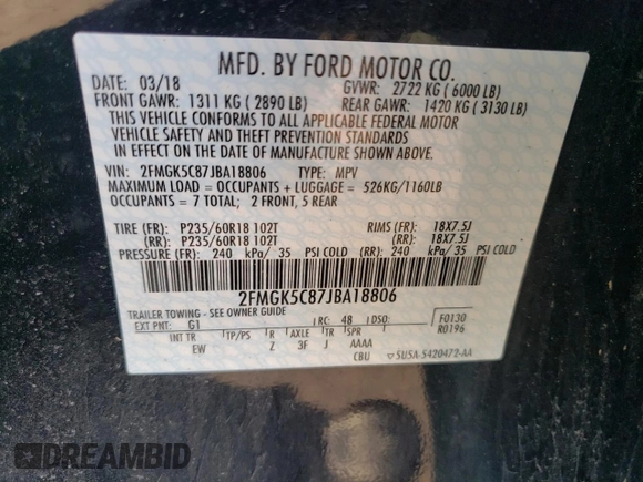 2018 Ford Flex SEL with VIN 2FMGK5C87JBA18806, listed as a Copart auction lot 51411705 with 72,535 mi miles and Salvage Title. Bid and sale history available at carsss.com. Image 15.