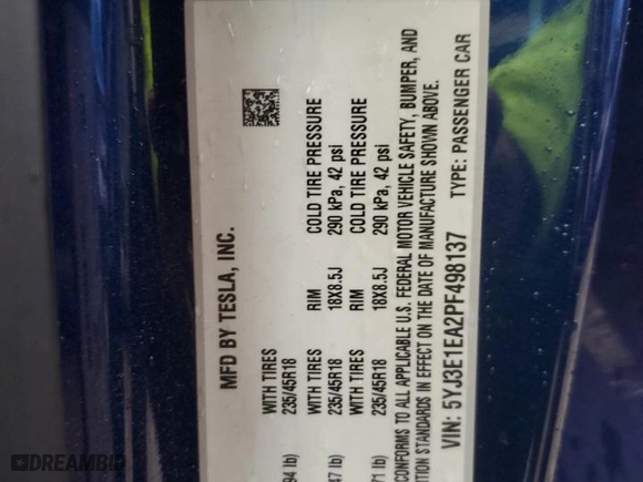 2023 Tesla Model 3 with VIN 5YJ3E1EA2PF498137, listed as a Copart auction lot 46152065 with 27,856 mi miles and Salvage Title. Bid and sale history available at carsss.com. Image 12.