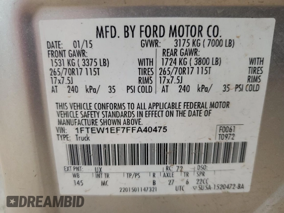 2015 Ford F-150 XLT с VIN 1FTEW1EF7FFA40475, выставлен на аукционе Copart как лот 55619615 с пробегом 200 254 миль миль и Списание • Salvage title. История ставок и продаж доступна на DreamBid. Изображение 12.