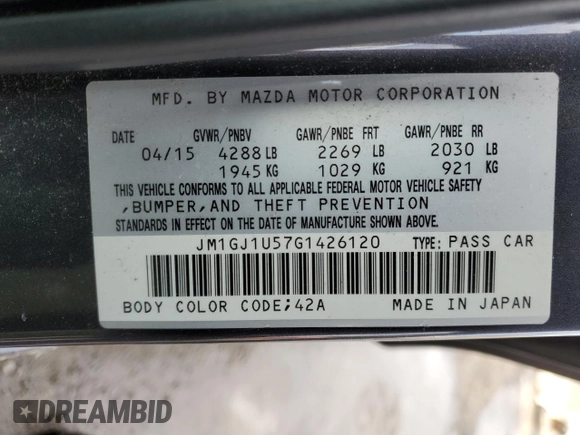 2016 Mazda Mazda6 i Sport with VIN JM1GJ1U57G1426120, listed as a Copart auction lot 41834775 with 106,573 mi miles and Salvage Title. Bid and sale history available at carsss.com. Image 14.