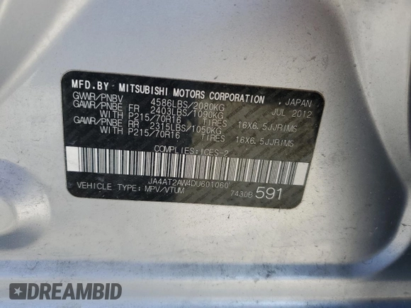 2013 Mitsubishi Outlander z VIN JA4AT2AW4DU601060, wystawiony jako Copart lot #56242575 z przebiegiem 96 268 mil mil oraz Szkoda całkowita • Salvage title. Historia ofert i sprzedaży dostępna na DreamBid. Obrazek 13.
