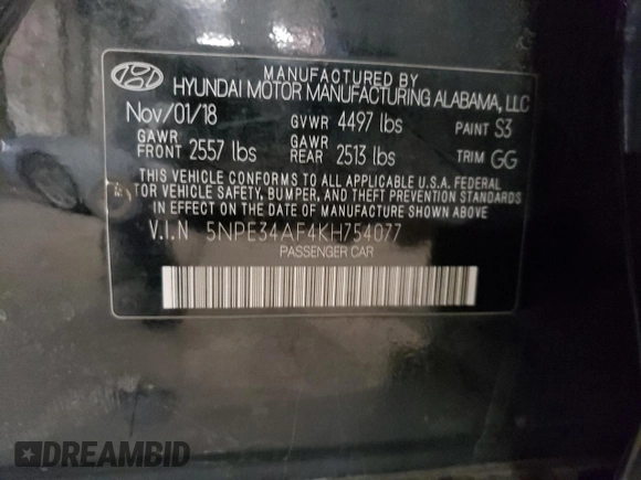 2019 Hyundai Sonata SEL with VIN 5NPE34AF4KH754077, listed as a Copart auction lot 54546405 with 86,451 mi miles and Salvage Title. Bid and sale history available at DreamBid. Image 12.