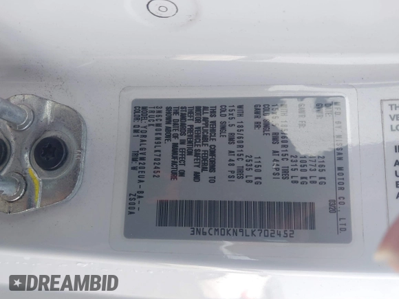 2020 Nissan NV200 SV with VIN 3N6CM0KN9LK702452, listed as a IAAI auction lot 41475998 with 95,248 mi miles and . Bid and sale history available at DreamBid. Image 9.