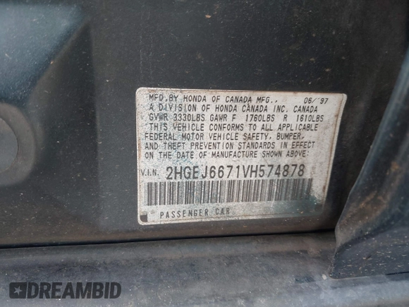1997 Honda Civic LX z VIN 2HGEJ6671VH574878, wystawiony jako IAAI lot #42332735 z przebiegiem 246 181 mil mil oraz . Historia ofert i sprzedaży dostępna na DreamBid. Obrazek 9.