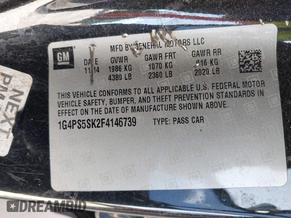 2015 Buick Verano Leather Group with VIN 1G4PS5SK2F4146739, listed as a IAAI auction lot 41897077 with 295,071 mi miles. Bid and sale history available at carsss.com. Image 9.