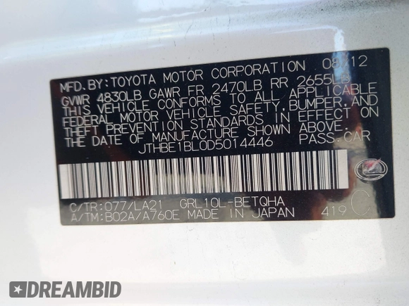 2013 Lexus GS 350 with VIN JTHBE1BL0D5014446, listed as a IAAI auction lot 41865141 with 239,477 mi miles and . Bid and sale history available at DreamBid. Image 9.