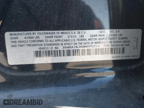 2010 Volkswagen Jetta Wolfsburg Edition with VIN 3VWRA7AJ8AM095259, listed as a IAAI auction lot 42190280 with 96,310 mi miles and . Bid and sale history available at DreamBid. Image 9.