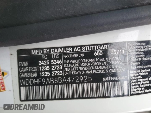 2011 Mercedes-Benz E 550 Luxury with VIN WDDHF9AB8BA472925, listed as a Copart auction lot 43640085 with 143,121 mi miles and Clean title. Bid and sale history available at DreamBid. Image 12.