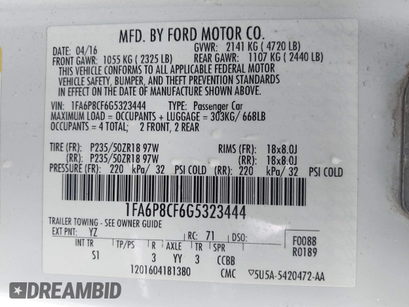 2016 Ford Mustang GT with VIN 1FA6P8CF6G5323444, listed as a IAAI auction lot 42500197 with Not provided miles and . Bid and sale history available at DreamBid. Image 9.