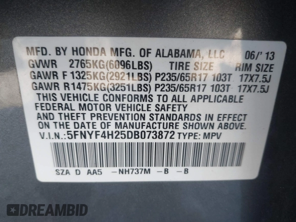 2013 Honda Pilot LX with VIN 5FNYF4H25DB073872, listed as a IAAI auction lot 41901435 with 171,529 mi miles. Bid and sale history available at carsss.com. Image 9.