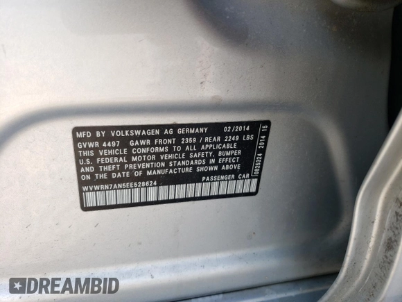 2014 Volkswagen CC Lux with VIN WVWRN7AN5EE528624, listed as a Copart auction lot 75838964 with 0 mi miles and Salvage Title. Bid and sale history available at carsss.com. Image 12.