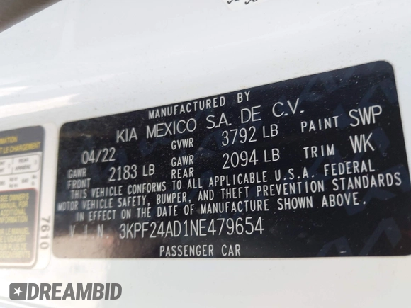 2022 Kia Forte LXS z VIN 3KPF24AD1NE479654, wystawiony jako IAAI lot #41950997 z przebiegiem 71 168 mil mil oraz . Historia ofert i sprzedaży dostępna na DreamBid. Obrazek 9.