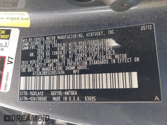 2012 Toyota Venza LE with VIN 4T3ZK3BB5CU051494, listed as a IAAI auction lot 41843328 with 166,517 mi miles and . Bid and sale history available at DreamBid. Image 9.
