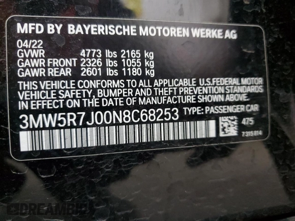 2022 BMW 3 Series 330i xDrive with VIN 3MW5R7J00N8C68253, listed as a Copart auction lot 89153665 with 0 mi miles and Salvage Title. Bid and sale history available at carsss.com. Image 13.