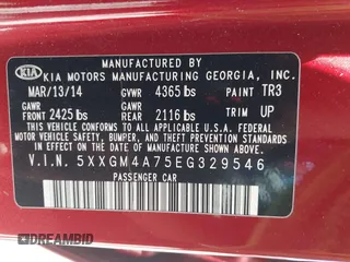 2014 Kia Optima LX with VIN 5XXGM4A75EG329546, listed as a IAAI auction lot 42159226 with 200,963 mi miles. Bid and sale history available at carsss.com. Image 9.