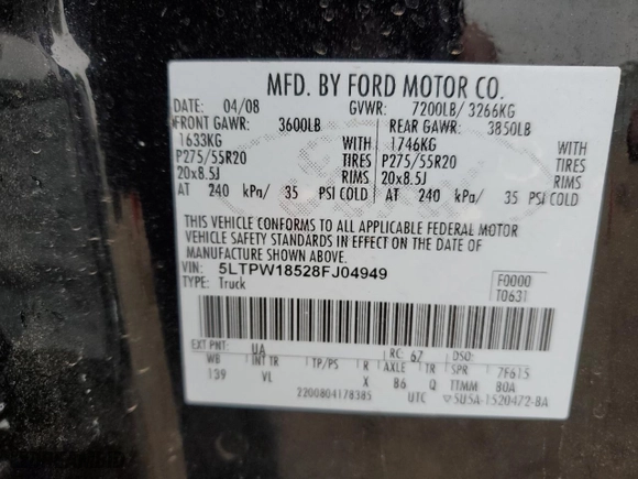 2008 Lincoln Mark LT with VIN 5LTPW18528FJ04949, listed as a Copart auction lot 89189885 with 160,970 mi miles and Salvage Title. Bid and sale history available at carsss.com. Image 14.