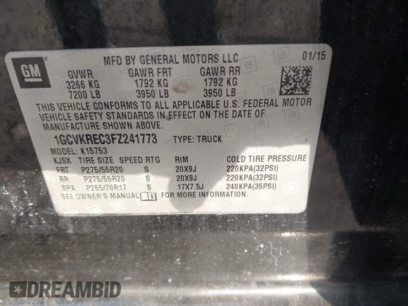 2015 Chevrolet Silverado 1500 LT with VIN 1GCVKREC3FZ241773, listed as a IAAI auction lot 42054178 with 146,304 mi miles. Bid and sale history available at carsss.com. Image 9.