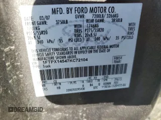 2007 Ford F-150 XLT with VIN 1FTPX14547KC72104, listed as a Copart auction lot 42355175 with 145,975 mi miles and Salvage Title. Bid and sale history available at carsss.com. Image 12.