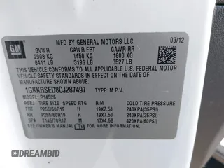 2012 GMC Acadia SLT2 with VIN 1GKKRSED8CJ287497, listed as a IAAI auction lot 41902930 with 217,064 mi miles. Bid and sale history available at carsss.com. Image 9.