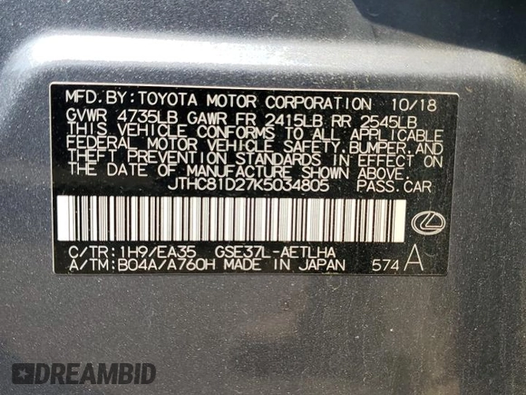 2019 Lexus IS 300 z VIN JTHC81D27K5034805, wystawiony jako Copart lot #59792465 z przebiegiem 108 515 mil mil oraz Szkoda całkowita • Salvage title. Historia ofert i sprzedaży dostępna na DreamBid. Obrazek 12.