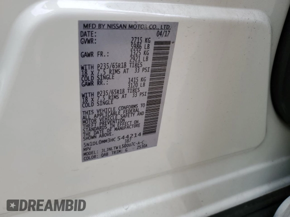 2017 Infiniti QX60 with VIN 5N1DL0MM3HC544214, listed as a Copart auction lot 53092225 with 46,800 mi miles and Salvage Title. Bid and sale history available at DreamBid. Image 13.