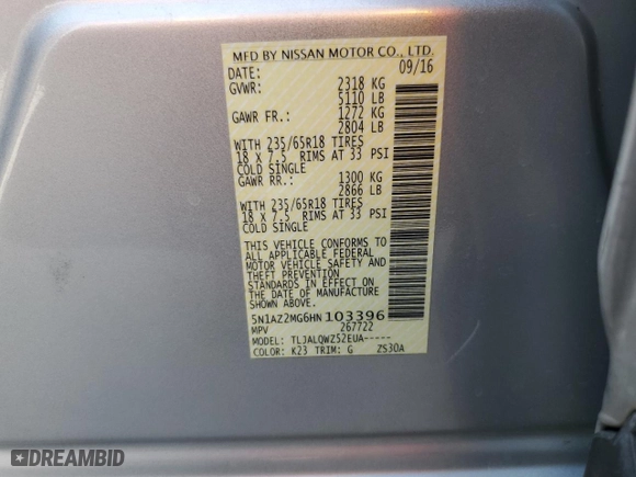 2017 Nissan Murano SV with VIN 5N1AZ2MG6HN103396, listed as a Copart auction lot 65181964 with 86,976 mi miles and Clean Title. Bid and sale history available at carsss.com. Image 14.
