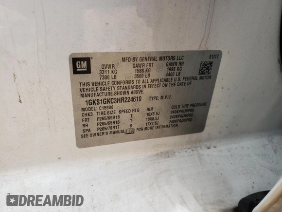 2017 GMC Yukon XL SLT with VIN 1GKS1GKC3HR224610, listed as a Copart auction lot 42969765 with 162,465 mi miles and Salvage Title. Bid and sale history available at DreamBid. Image 15.
