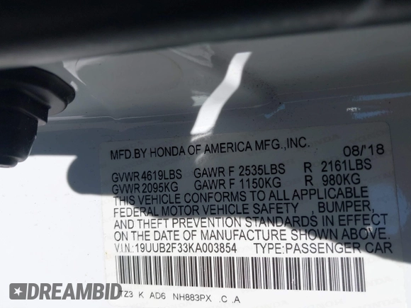 2019 Acura TLX with VIN 19UUB2F33KA003854, listed as a IAAI auction lot 41808917 with 95,380 mi miles and . Bid and sale history available at DreamBid. Image 9.