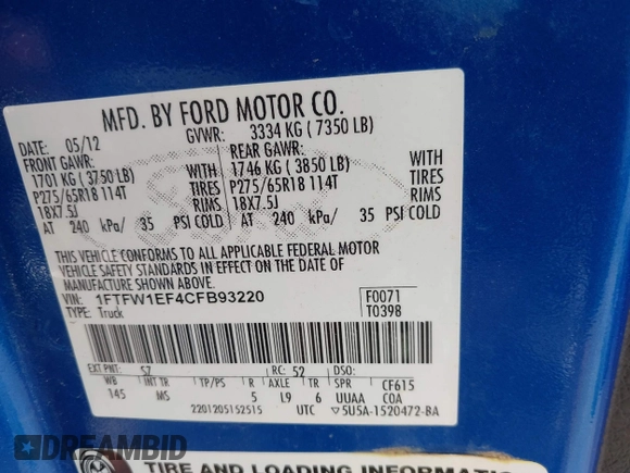 2012 Ford F-150 XL with VIN 1FTFW1EF4CFB93220, listed as a IAAI auction lot 42201653 with 214,573 mi miles and . Bid and sale history available at DreamBid. Image 9.