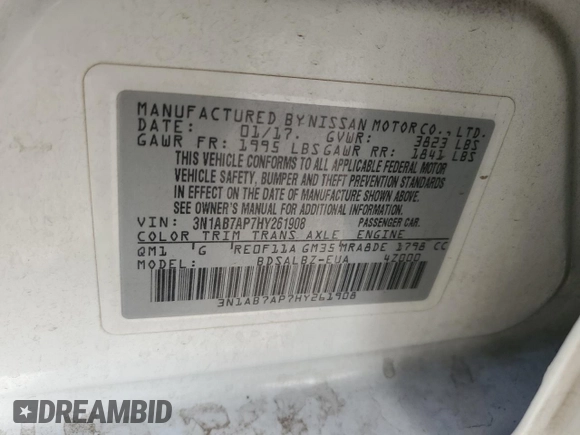 2017 Nissan Sentra S with VIN 3N1AB7AP7HY261908, listed as a Copart auction lot 89384855 with 151,865 mi miles and Salvage title. Bid and sale history available at DreamBid. Image 14.