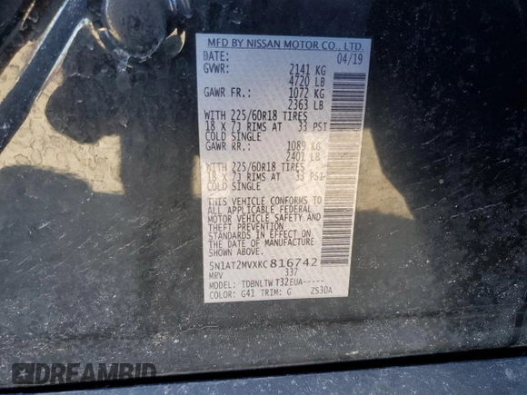 2019 Nissan Rogue SL with VIN 5N1AT2MVXKC816742, listed as a Copart auction lot 47934025 with 87,303 mi miles and Salvage Title. Bid and sale history available at carsss.com. Image 13.