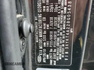 2011 Kia Sorento LX with VIN 5XYKT4A22BG054386, listed as a Copart auction lot 85005104 with 182,281 mi miles and Salvage Title. Bid and sale history available at carsss.com. Image 14.