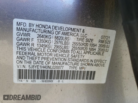 2022 Acura MDX w/Technology Package with VIN 5J8YE1H40NL020077, listed as a Copart auction lot 81821444 with 36,671 mi miles and Salvage Title. Bid and sale history available at carsss.com. Image 13.