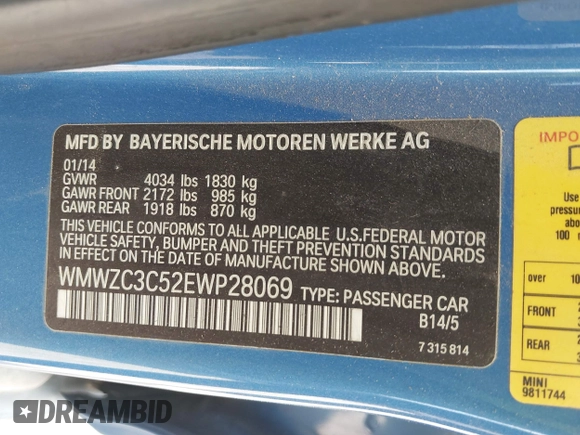 2014 MINI Countryman S with VIN WMWZC3C52EWP28069, listed as a IAAI auction lot 42026583 with 137,342 mi miles and . Bid and sale history available at DreamBid. Image 9.