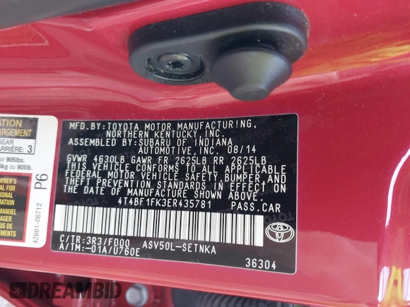 2014 Toyota Camry L with VIN 4T4BF1FK3ER435781, listed as a IAAI auction lot 41882265 with 28,509 mi miles. Bid and sale history available at carsss.com. Image 9.