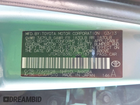 2013 Toyota Prius One with VIN JTDKDTB38D1037187, listed as a IAAI auction lot 42152202 with 157,413 mi miles and . Bid and sale history available at DreamBid. Image 9.