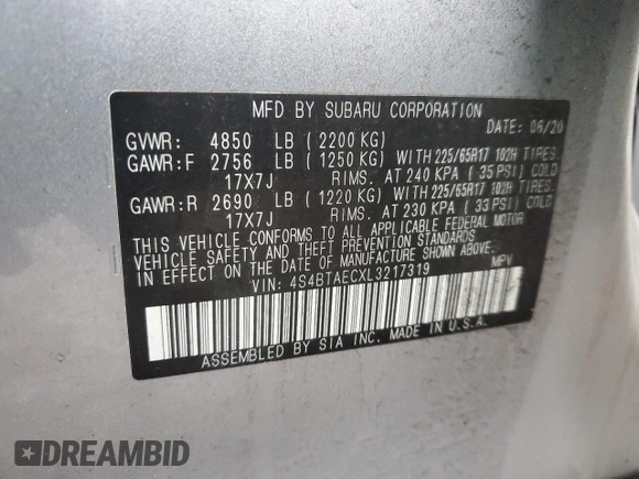 2020 Subaru Outback Premium with VIN 4S4BTAECXL3217319, listed as a Copart auction lot 56127245 with 88,322 mi miles and Salvage title. Bid and sale history available at DreamBid. Image 14.