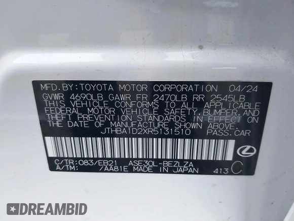 2024 Lexus IS 300 с VIN JTHBA1D2XR5131510, выставлен на аукционе IAAI как лот 41460652 с пробегом 10 580 миль миль и . История ставок и продаж доступна на DreamBid. Изображение 9.