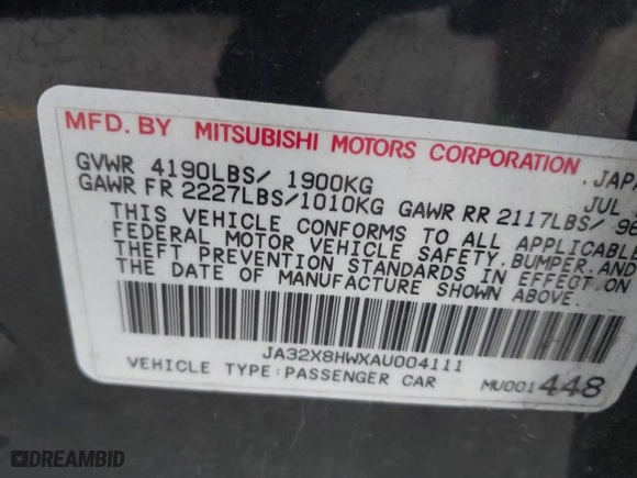 2010 Mitsubishi Lancer GTS with VIN JA32X8HWXAU004111, listed as a IAAI auction lot 41563303 with 198,931 mi miles. Bid and sale history available at carsss.com. Image 9.