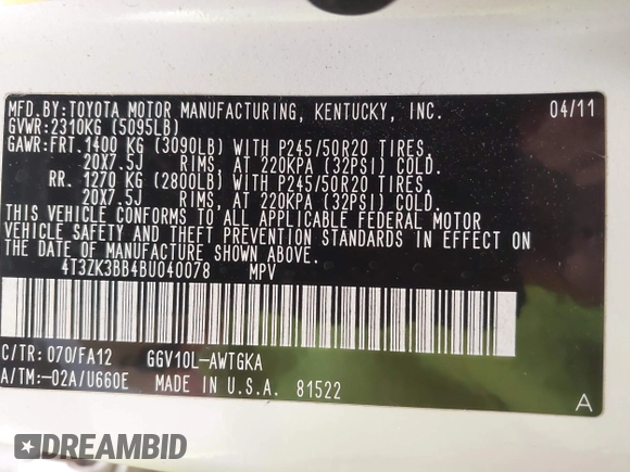 2011 Toyota Venza with VIN 4T3ZK3BB4BU040078, listed as a IAAI auction lot 42087820 with 50,999 mi miles and . Bid and sale history available at DreamBid. Image 9.