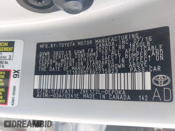 2016 Toyota Corolla L with VIN 2T1BURHEXGC715823, listed as a IAAI auction lot 42259715 with 162,207 mi miles and . Bid and sale history available at DreamBid. Image 9.