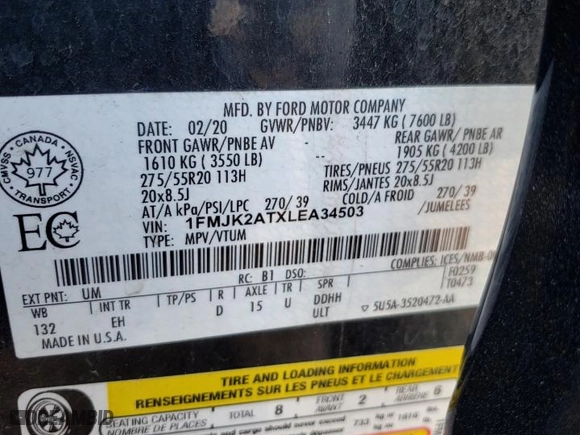 2020 Ford Expedition Max Limited with VIN 1FMJK2ATXLEA34503, listed as a Copart auction lot 57087903 with 107,588 mi miles and Salvage Title. Bid and sale history available at carsss.com. Image 13.