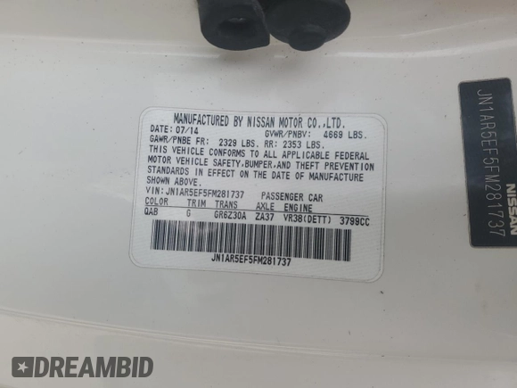 2015 Nissan GT-R Premium z VIN JN1AR5EF5FM281737, wystawiony jako Copart lot #80119804 z przebiegiem 50 726 mil mil oraz Szkoda całkowita • Salvage title. Historia ofert i sprzedaży dostępna na DreamBid. Obrazek 12.
