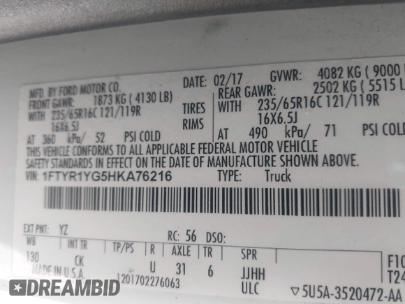 2017 Ford Transit with VIN 1FTYR1YG5HKA76216, listed as a IAAI auction lot 42147495 with 141,138 mi miles. Bid and sale history available at carsss.com. Image 9.
