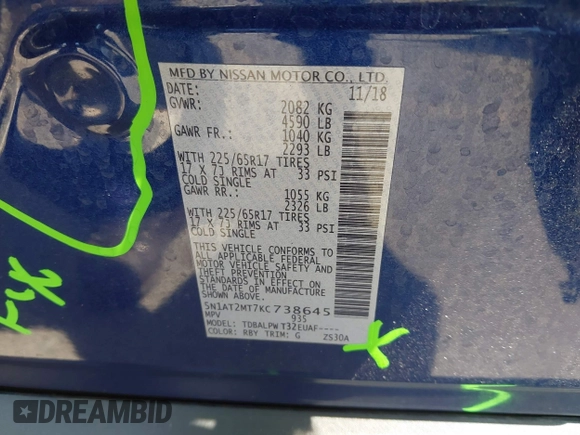 2019 Nissan Rogue SV with VIN 5N1AT2MT7KC738645, listed as a IAAI auction lot 42173044 with 73,056 mi miles and . Bid and sale history available at DreamBid. Image 9.