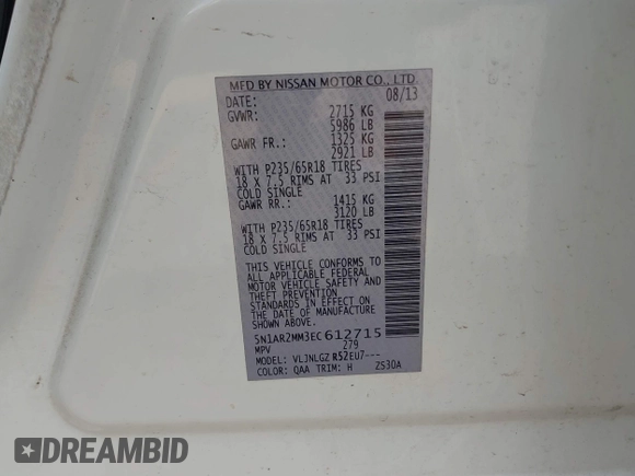 2014 Nissan Pathfinder S with VIN 5N1AR2MM3EC612715, listed as a IAAI auction lot 42356789 with 171,921 mi miles and . Bid and sale history available at DreamBid. Image 9.