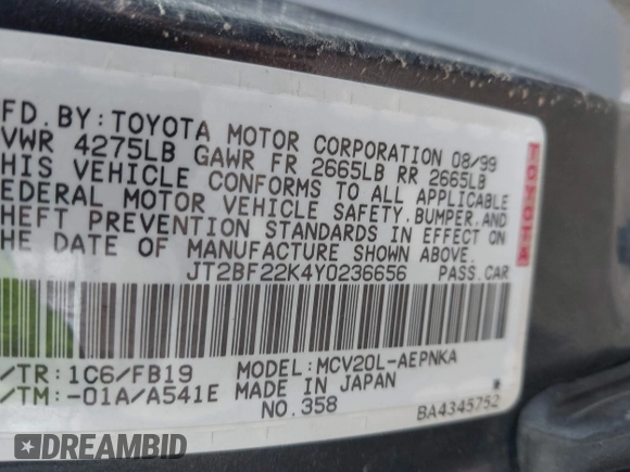 2000 Toyota Camry LE z VIN JT2BF22K4Y0236656, wystawiony jako IAAI lot #42476539 z przebiegiem 210 773 mil mil oraz . Historia ofert i sprzedaży dostępna na DreamBid. Obrazek 9.