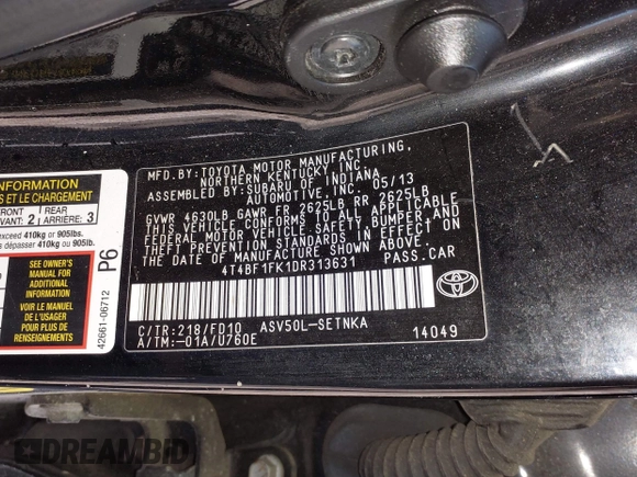 2013 Toyota Camry L with VIN 4T4BF1FK1DR313631, listed as a IAAI auction lot 41738773 with 243,341 mi miles. Bid and sale history available at carsss.com. Image 9.